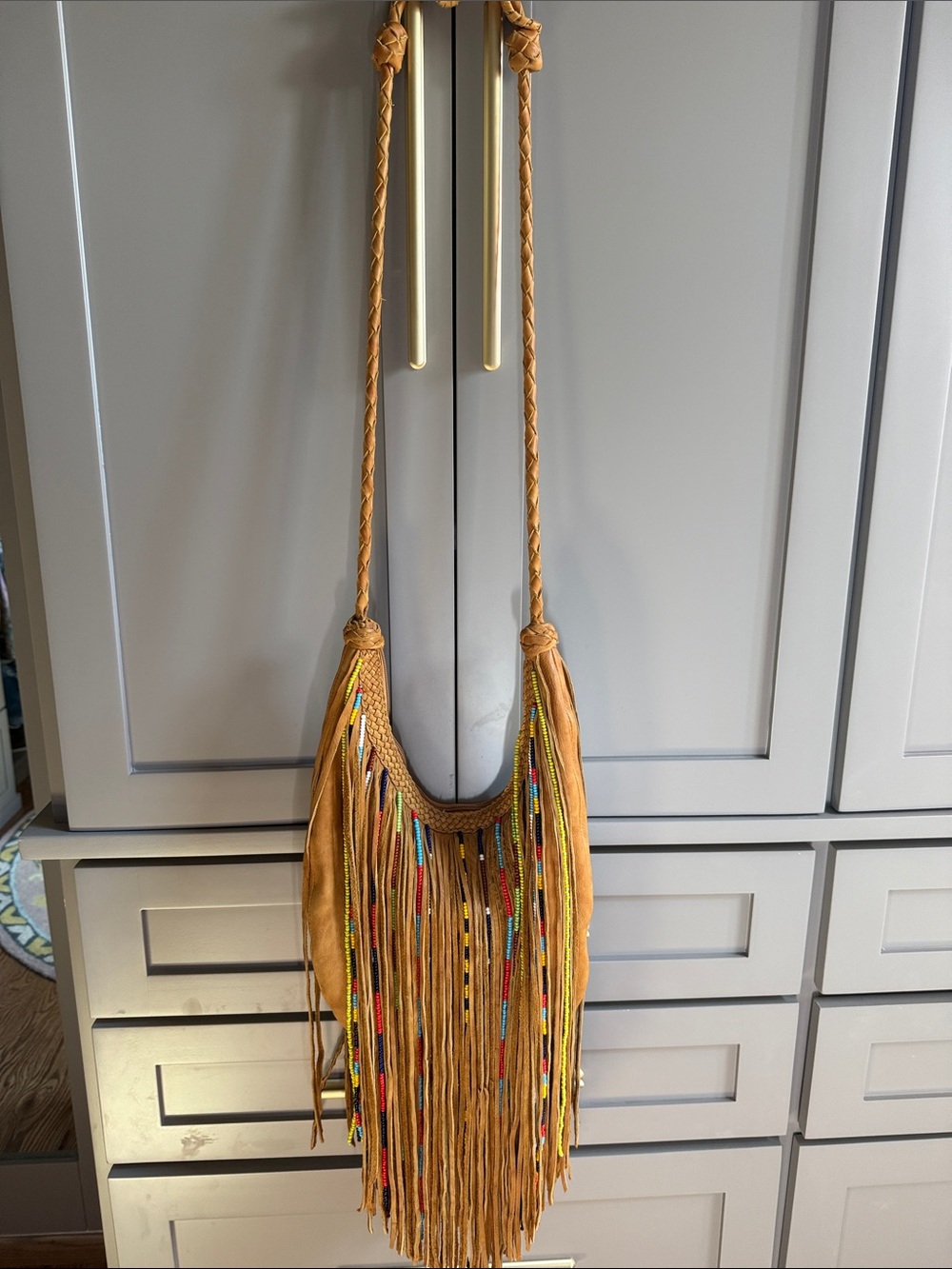 Kobler, Gypsy bag. Fringed Boho Crossbody Bag in Tan with Colorful Bead Accents